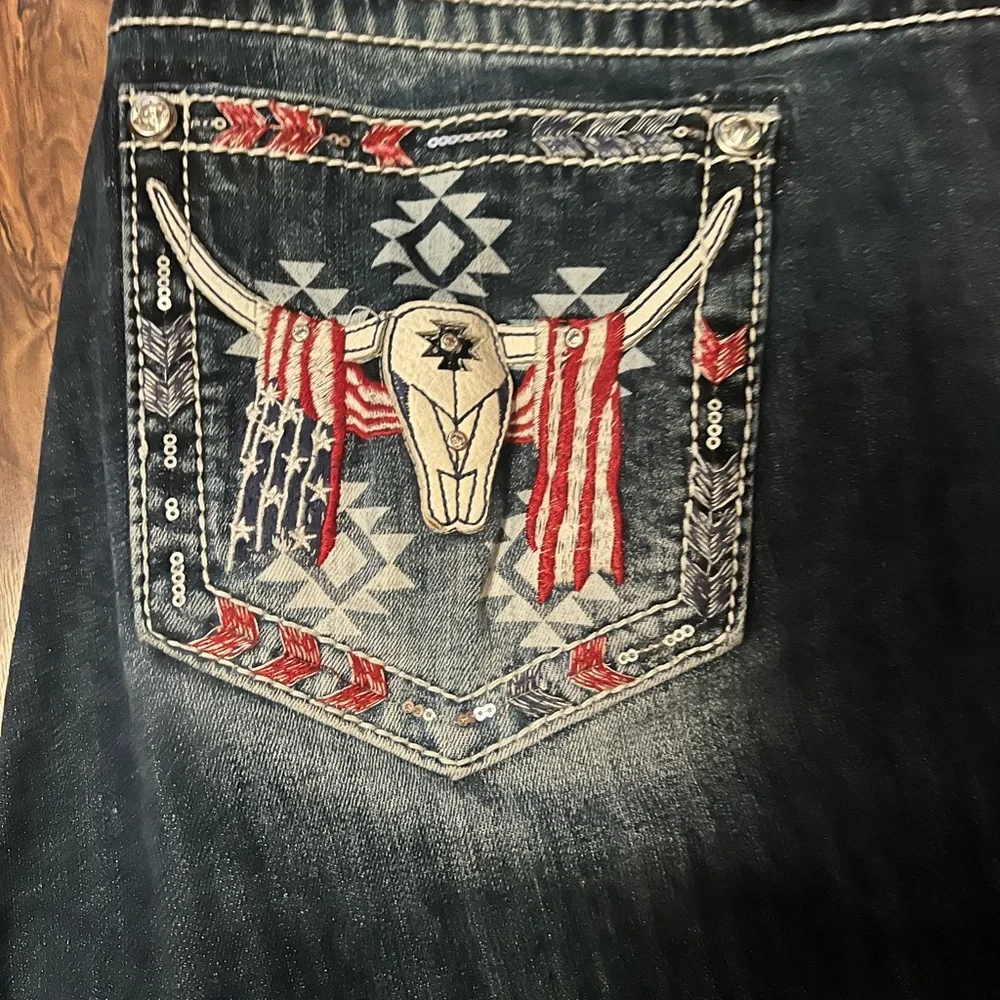 Miss Me Dark Blue Flare Jeans with Embroidered Flag Pocket - Picture 2 of 3